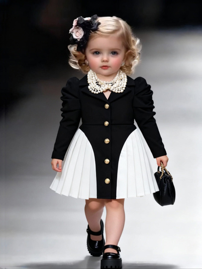 SHEIN Baby Girl Newborn Black And White Autumn Elegant Evening Party Formal Dress,Cute Gigot Sleeve Single-Breasted Pleated Hem Fashionable Soft Outfits