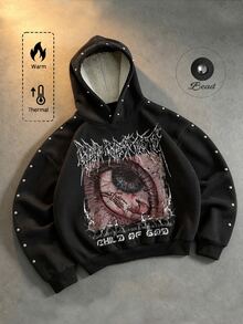 ROMWE MEN Goth Dark Metal Style Rivet Lamb Wool Hooded Sweatshirt, Eyeball Skull Print Child Of God Distressed Thickened American High Street Heavyweight Hoodie - Black - View 1
