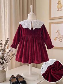 SHEIN Baby Girl Velvet Thick Long Sleeve Ruched Waist Lace Embroidered Peter Pan Collar Loose Long Autumn Dress Suitable For Winter Christmas - Burgundy - View 2