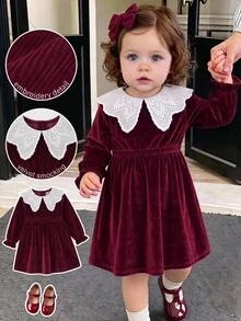 SHEIN Baby Girl Velvet Thick Long Sleeve Ruched Waist Lace Embroidered Peter Pan Collar Loose Long Autumn Dress Suitable For Winter Christmas - Burgundy - View 7