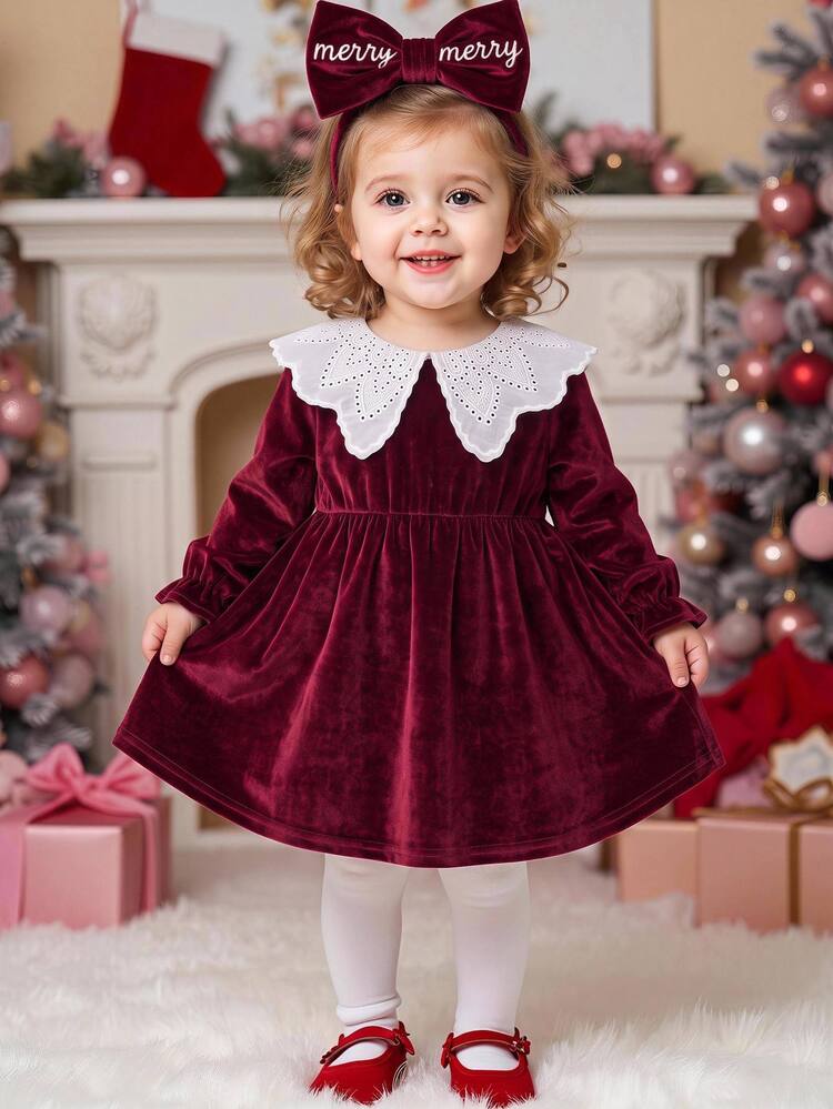 SHEIN Baby Girl Velvet Thick Long Sleeve Ruched Waist Lace Embroidered Peter Pan Collar Loose Long Autumn Dress Suitable For Winter Christmas - Burgundy - View 8