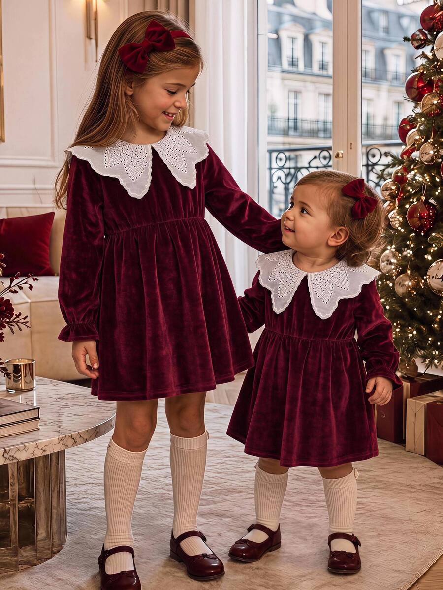 SHEIN Baby Girl Velvet Thick Long Sleeve Ruched Waist Lace Embroidered Peter Pan Collar Loose Long Autumn Dress Suitable For Winter Christmas - Burgundy - View 1