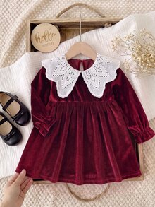 SHEIN Baby Girl Velvet Thick Long Sleeve Ruched Waist Lace Embroidered Peter Pan Collar Loose Long Autumn Dress Suitable For Winter Christmas - Burgundy - View 5