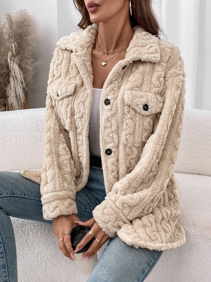 EMERY ROSE Coral Fleece & Flannel Ladies Regular Casual Warm Jacket, Fall/Winter - Apricot - View 1