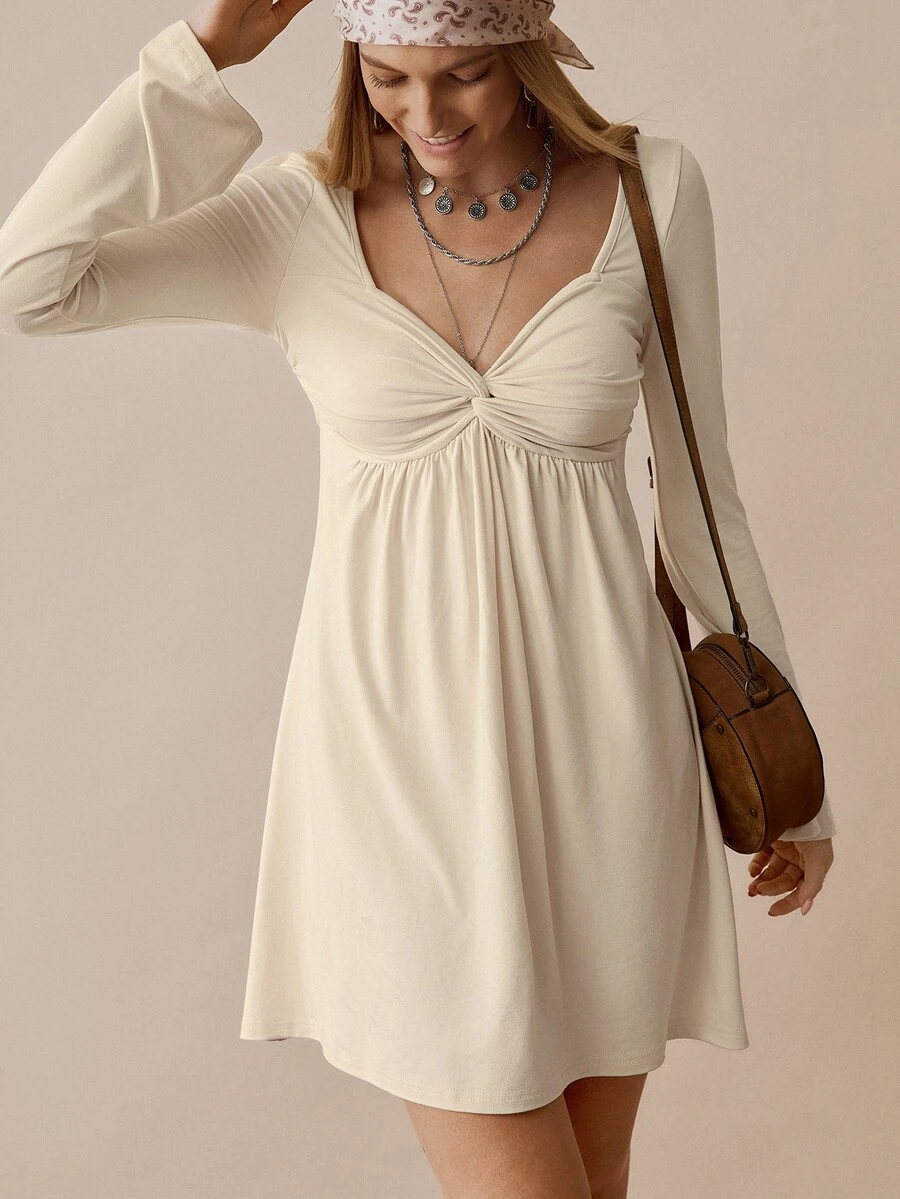 Florisole Women's Casual Solid Color Twist Flare Sleeve Dress - Apricot - View 1