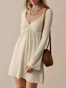 Florisole Women's Casual Solid Color Twist Flare Sleeve Dress - Apricot - View 6