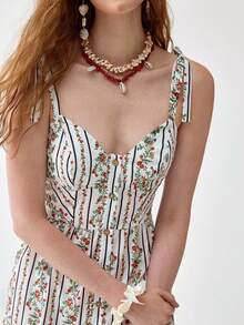 Florisole Women's Casual Floral & Striped Ruffled Hem Spaghetti Strap Dress Floral Midi Dress Summer Dress - Multicolor - View 5