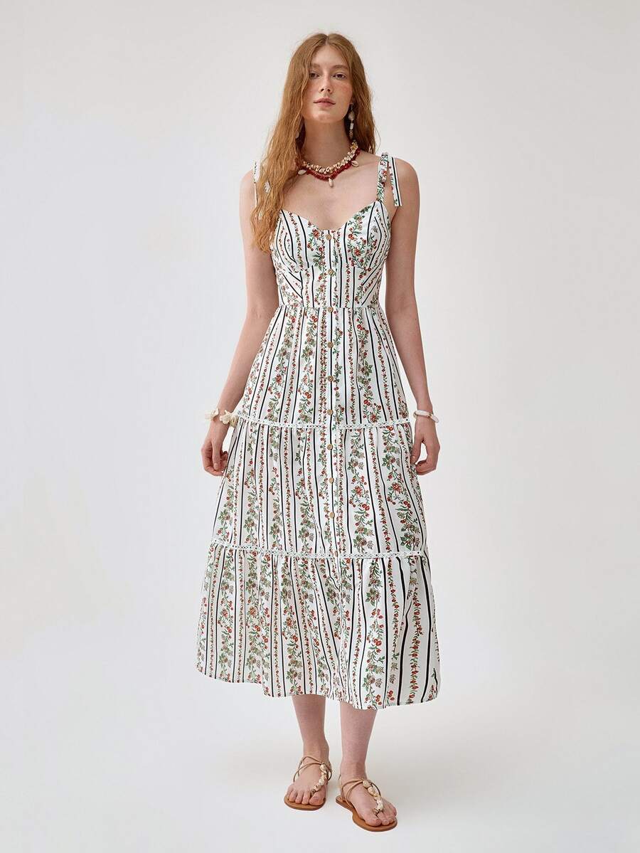 Florisole Women's Casual Floral & Striped Ruffled Hem Spaghetti Strap Dress Floral Midi Dress Summer Dress - Multicolor - View 1