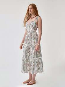 Florisole Women's Casual Floral & Striped Ruffled Hem Spaghetti Strap Dress Floral Midi Dress Summer Dress - Multicolor - View 4