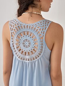 Florisole 2pcs/Set Women's Bohemian Vacation Lace Top & Wide Leg Pants Suit, Spring/Summer - Blue - View 3