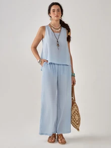 Florisole 2pcs/Set Women's Bohemian Vacation Lace Top & Wide Leg Pants Suit, Spring/Summer - Blue - View 4