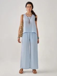 Florisole 2pcs/Set Women's Bohemian Vacation Lace Top & Wide Leg Pants Suit, Spring/Summer - Blue - View 1