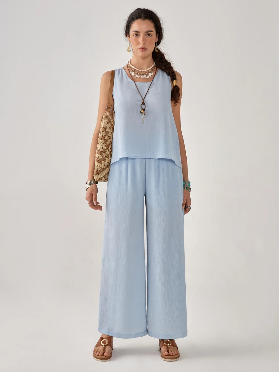 Florisole 2pcs/Set Women's Bohemian Vacation Lace Top & Wide Leg Pants Suit, Spring/Summer - Blue - View 1