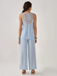 Florisole 2pcs/Set Women's Bohemian Vacation Lace Top & Wide Leg Pants Suit, Spring/Summer - Blue - View 2