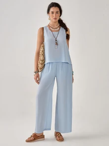 Florisole 2pcs/Set Women's Bohemian Vacation Lace Top & Wide Leg Pants Suit, Spring/Summer - Blue - View 6