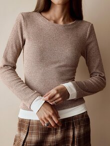 Florisole Women's Casual Contrast Trim Basic T-Shirt, Suitable For Office And Outdoor Wear, Autumn/Winter - Brown - View 8