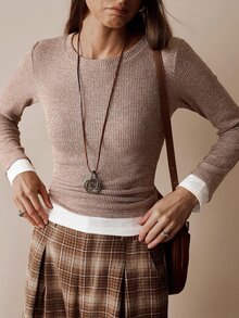 Florisole Women's Casual Contrast Trim Basic T-Shirt, Suitable For Office And Outdoor Wear, Autumn/Winter - Brown - View 3