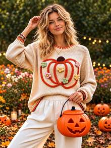 Selamara Women's 3D Floral Decor Round Neck Drop Shoulder Long Sleeve Sweater - Apricot - View 3