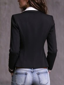 SHEIN 秋冬黑色二合一西裝外套，對比色西裝領與襯衫領設計，優雅金色鈕扣，適合通勤或派對 - 黑色 - 查看 2