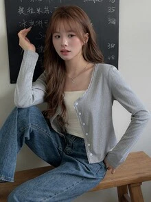 K-Vae Grey Lace Trim Button-Front Knit Cardigan, Textured Fabric, Long Sleeve, Slim Fit, Flattering, Sweet Girl Korean Ins Style, Minimalist Versatile Open-Front Sweater - Grey - View 4