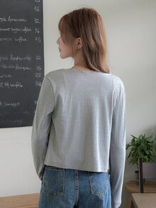 K-Vae Grey Lace Trim Button-Front Knit Cardigan, Textured Fabric, Long Sleeve, Slim Fit, Flattering, Sweet Girl Korean Ins Style, Minimalist Versatile Open-Front Sweater - Grey - View 5