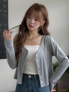 K-Vae Grey Lace Trim Button-Front Knit Cardigan, Textured Fabric, Long Sleeve, Slim Fit, Flattering, Sweet Girl Korean Ins Style, Minimalist Versatile Open-Front Sweater - Grey - View 3