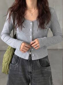 K-Vae Grey Lace Trim Button-Front Knit Cardigan, Textured Fabric, Long Sleeve, Slim Fit, Flattering, Sweet Girl Korean Ins Style, Minimalist Versatile Open-Front Sweater - Grey - View 1