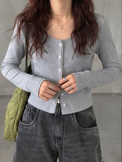 K-Vae Grey Lace Trim Button-Front Knit Cardigan, Textured Fabric, Long Sleeve, Slim Fit, Flattering, Sweet Girl Korean Ins Style, Minimalist Versatile Open-Front Sweater