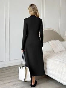 Easowa Women's Fall/Winter Dress Solid Color Casual Elegant Party Office Tea Party Midi Dress Black - Black - View 7