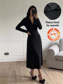 Easowa Women's Fall/Winter Dress Solid Color Casual Elegant Party Office Tea Party Midi Dress Black - Black - View 2