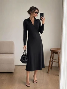 Easowa Women's Fall/Winter Dress Solid Color Casual Elegant Party Office Tea Party Midi Dress Black - Black - View 3