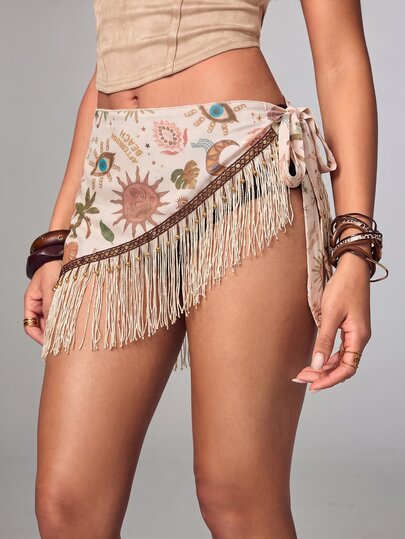 Jupe de cache-maillot pour femme style vintage hippie western cowboy festival de musique, transparente avec décoration de perles en bois, ourlet à franges, imprimé paisley et cordon de serrage