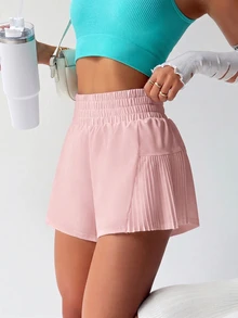 Easithlete Easithlete Women's Solid Color Elastic Waist Loose Pleated Sports Shorts - Pink - View 3