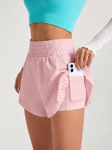 Easithlete Easithlete Women's Solid Color Elastic Waist Loose Pleated Sports Shorts - Pink - View 1