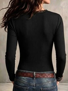 Glimmora Women's Black Long-Sleeve Thermal T-Shirt With Lace Paneling And Fleece Lining - Grey - View 3