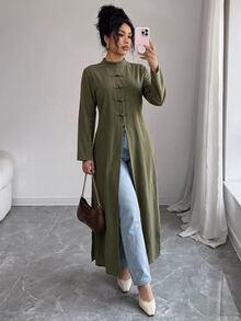 Elenzga Ruched Blazer-Style Mock Neck Loose Sleeve Long Dress With Side Slits, Minimalist Low-Key Outerwear Suitable For Cafe And Daily Shopping - Army Green - View 7