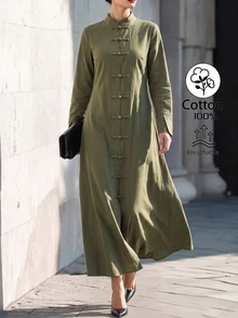 SHEIN Clasi Women's Fall Fashion Chinese Style Olive Green Cotton Blend Fabric Split Cuff Design Long Dress Suitable For Daily Commute Everyday Modest Matching - Olive Green - View 4