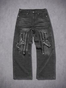 Manfinity Denimwave 男士字母拼接刺繡原邊黑色水洗丹寧直筒牛仔褲，哥德風 - 深灰色 - 查看 1