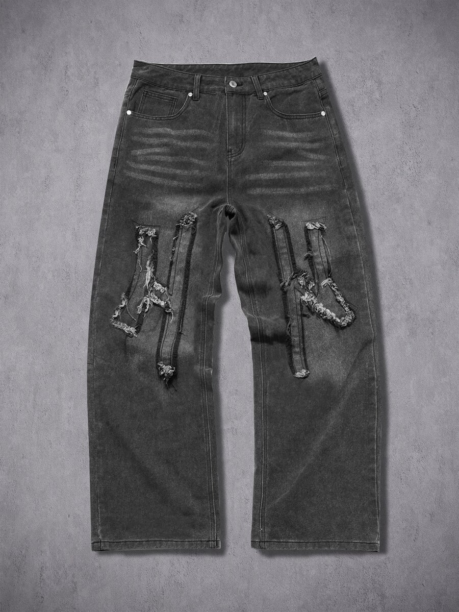 Manfinity Denimwave 男士字母拼接刺繡原邊黑色水洗丹寧直筒牛仔褲,哥德風 - 深灰色 - 查看 1