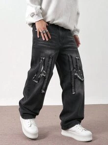 Manfinity Denimwave 男士字母拼接刺繡原邊黑色水洗丹寧直筒牛仔褲，哥德風 - 深灰色 - 查看 3