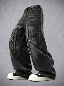 Manfinity Denimwave 男士字母拼接刺繡原邊黑色水洗丹寧直筒牛仔褲，哥德風 - 深灰色 - 查看 5