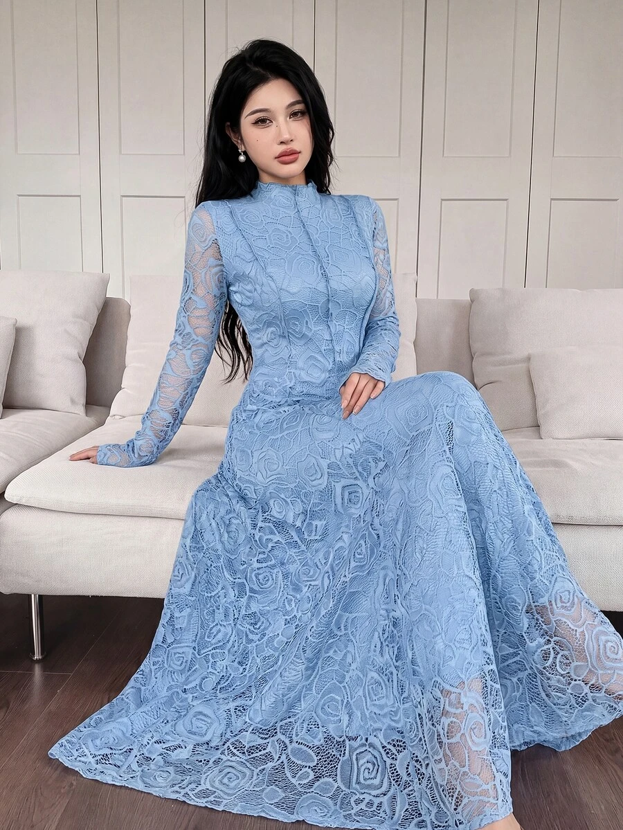 Feyla Elegant White Lace Dress For Women - Baby Blue - View 1
