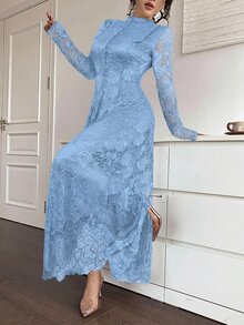 Feyla Elegant White Lace Dress For Women - Baby Blue - View 4
