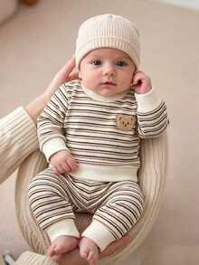 SHEIN 2Pcs Baby Toddler Boy Sweatshirt Pants Cute Cream Brown Striped Bear Patch Ribbed Knit Long Sleeve Round Neck Regular Holiday Fall Cozy Jogging Tops - Apricot - View 8