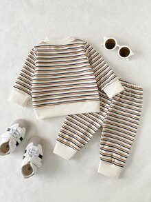SHEIN 2Pcs Baby Toddler Boy Sweatshirt Pants Cute Cream Brown Striped Bear Patch Ribbed Knit Long Sleeve Round Neck Regular Holiday Fall Cozy Jogging Tops - Apricot - View 3