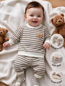 SHEIN 2Pcs Baby Toddler Boy Sweatshirt Pants Cute Cream Brown Striped Bear Patch Ribbed Knit Long Sleeve Round Neck Regular Holiday Fall Cozy Jogging Tops - Apricot - View 1