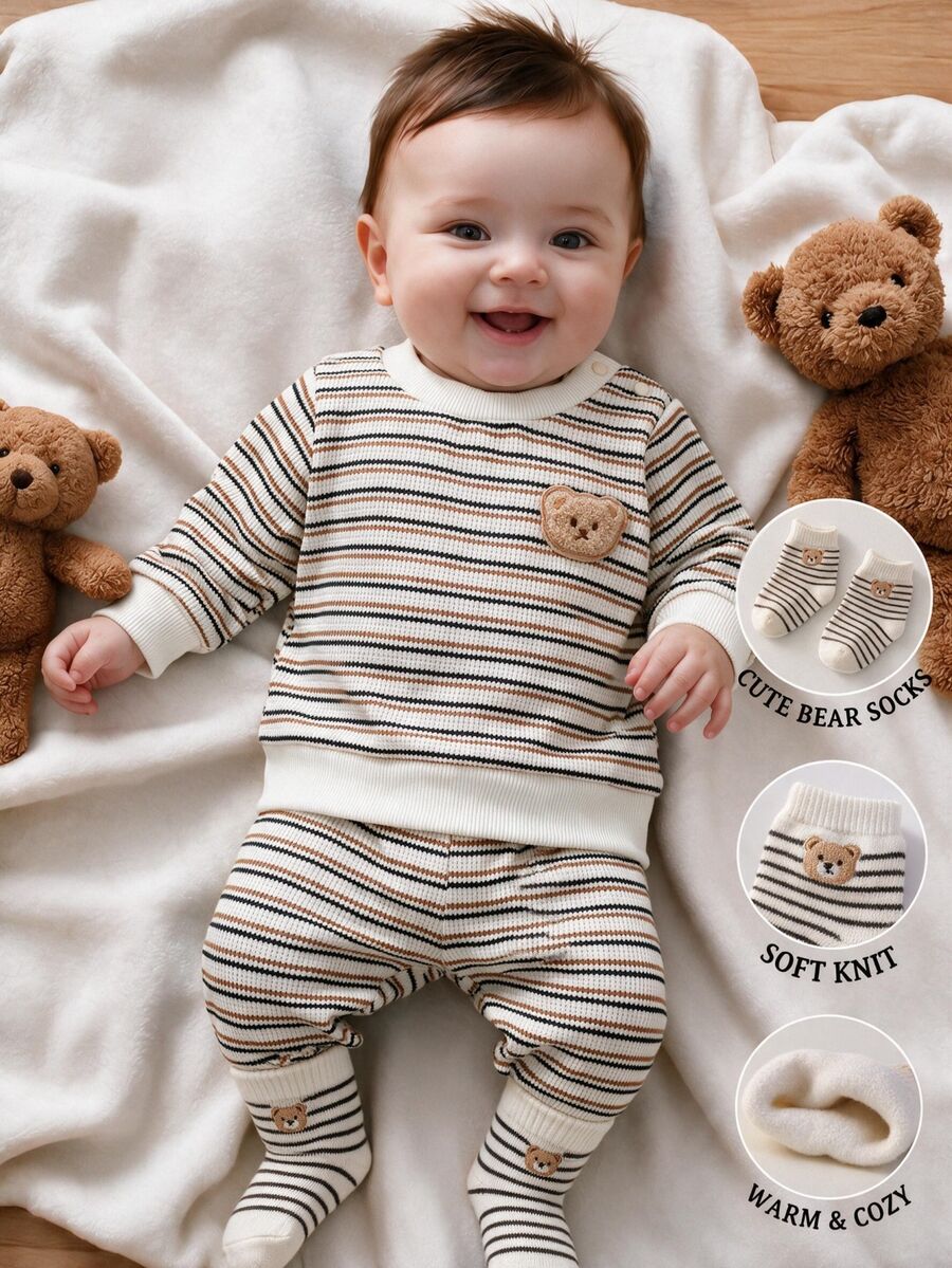 SHEIN 2Pcs Baby Toddler Boy Sweatshirt Pants Cute Cream Brown Striped Bear Patch Ribbed Knit Long Sleeve Round Neck Regular Holiday Fall Cozy Jogging Tops - Apricot - View 1