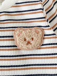 SHEIN 2Pcs Baby Toddler Boy Sweatshirt Pants Cute Cream Brown Striped Bear Patch Ribbed Knit Long Sleeve Round Neck Regular Holiday Fall Cozy Jogging Tops - Apricot - View 4