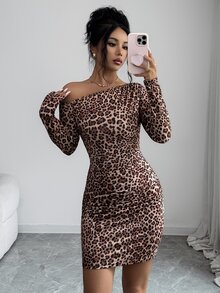 SHEIN Raffinéa Women's Y2K Leopard Print Long Sleeve Short Dress, Fashion Millennium Style, Spring/Autumn Knit Digital Fabric Short Dress - Multicolor - View 7