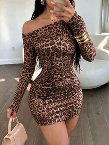 SHEIN Raffinéa Women's Y2K Leopard Print Long Sleeve Short Dress, Fashion Millennium Style, Spring/Autumn Knit Digital Fabric Short Dress - Multicolor - View 5